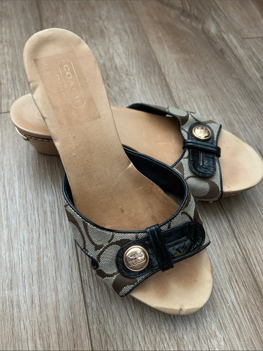 Coach Brown Signature Canvas Slide Mules with Black Trim